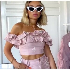 Zara Embroidered Ruffle Off the Shoulder Crop Top Cotton Pale Pink XS S Straples